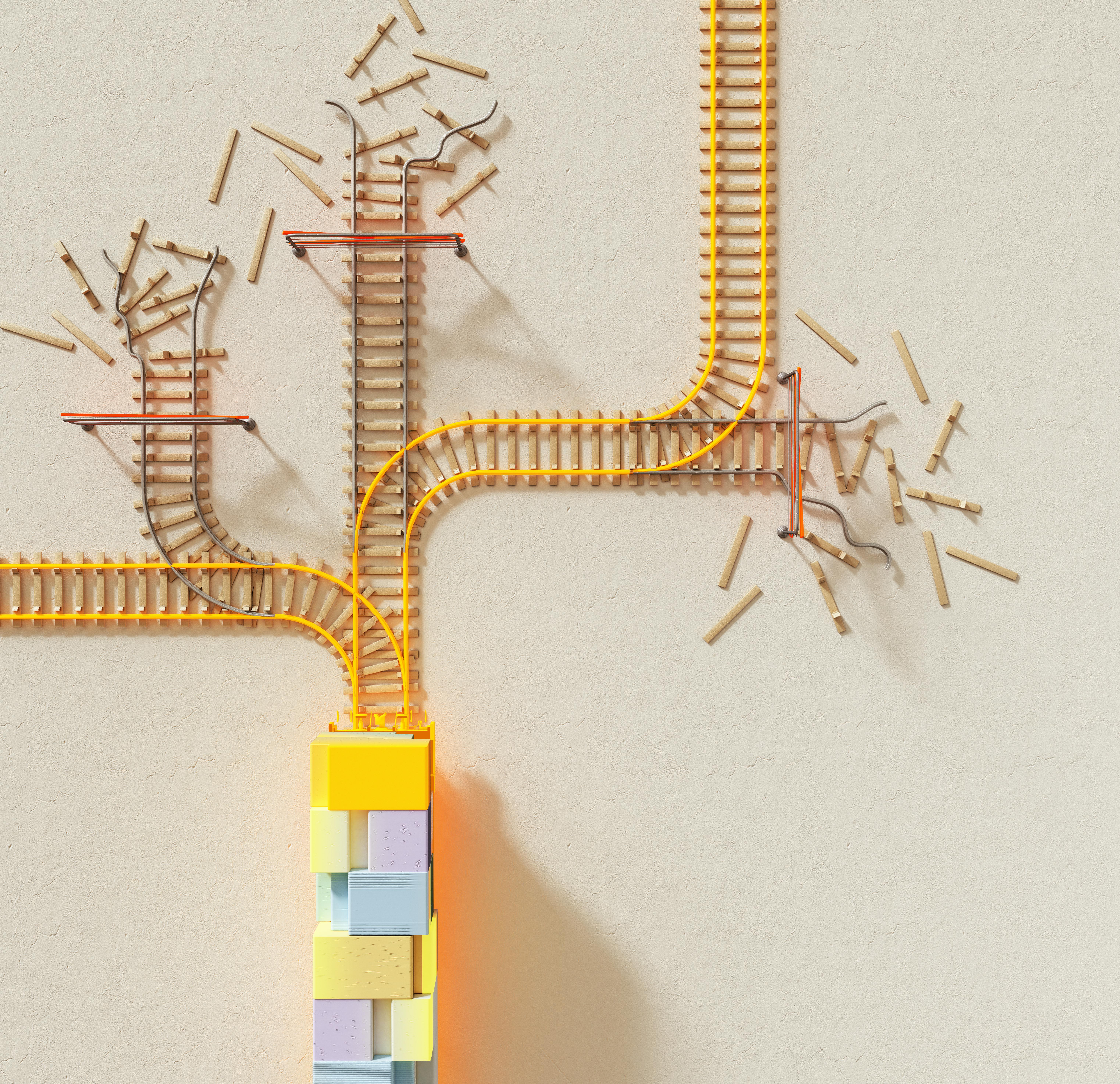 branching paths made of matchstick railroad tracks