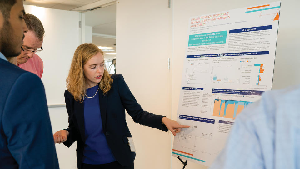 student presenting her poster to multiple people