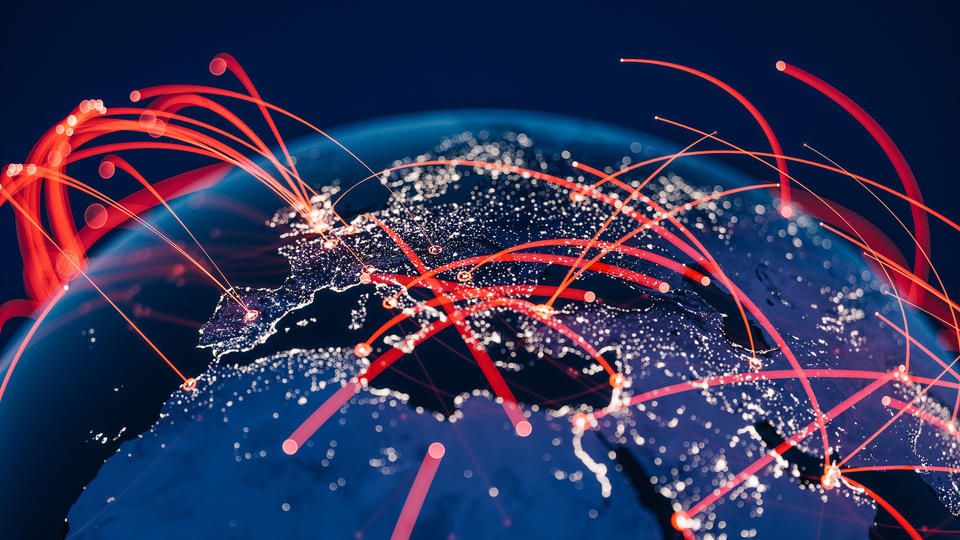Connections arcing across a globe