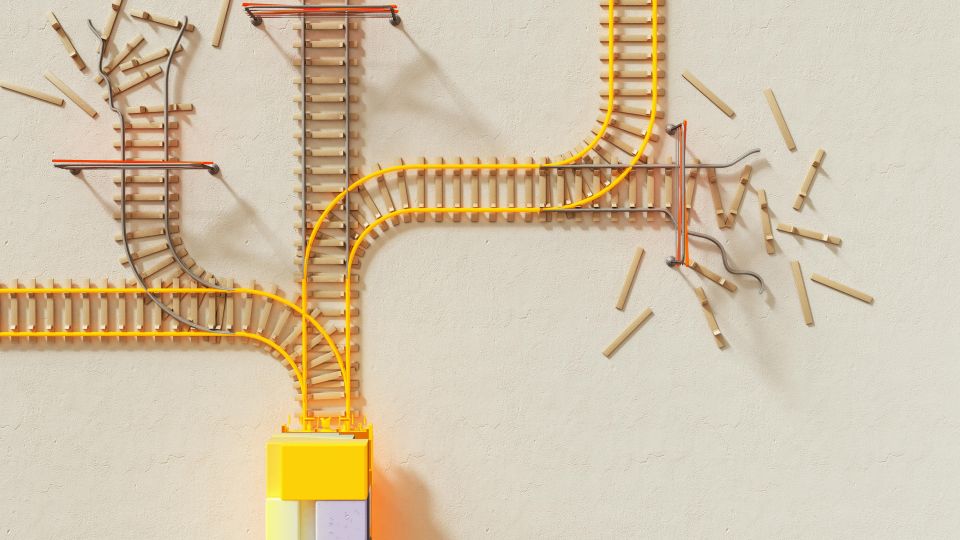 branching paths made of matchstick railroad tracks