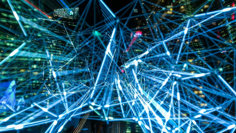network of blue lights over a city