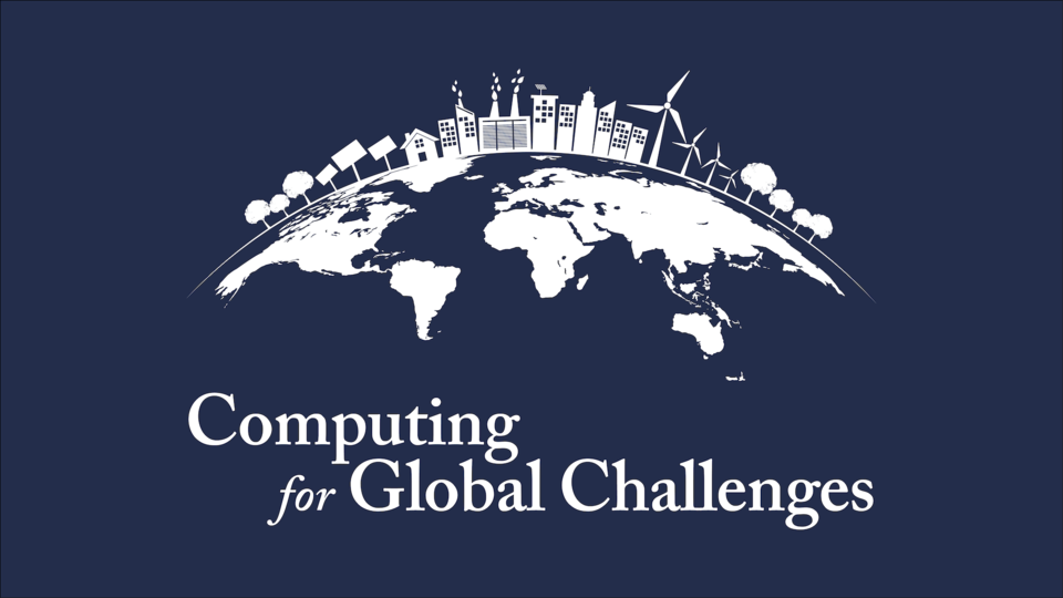 Globe with industry and nature on top with Computing for Global Challenges logo underneath